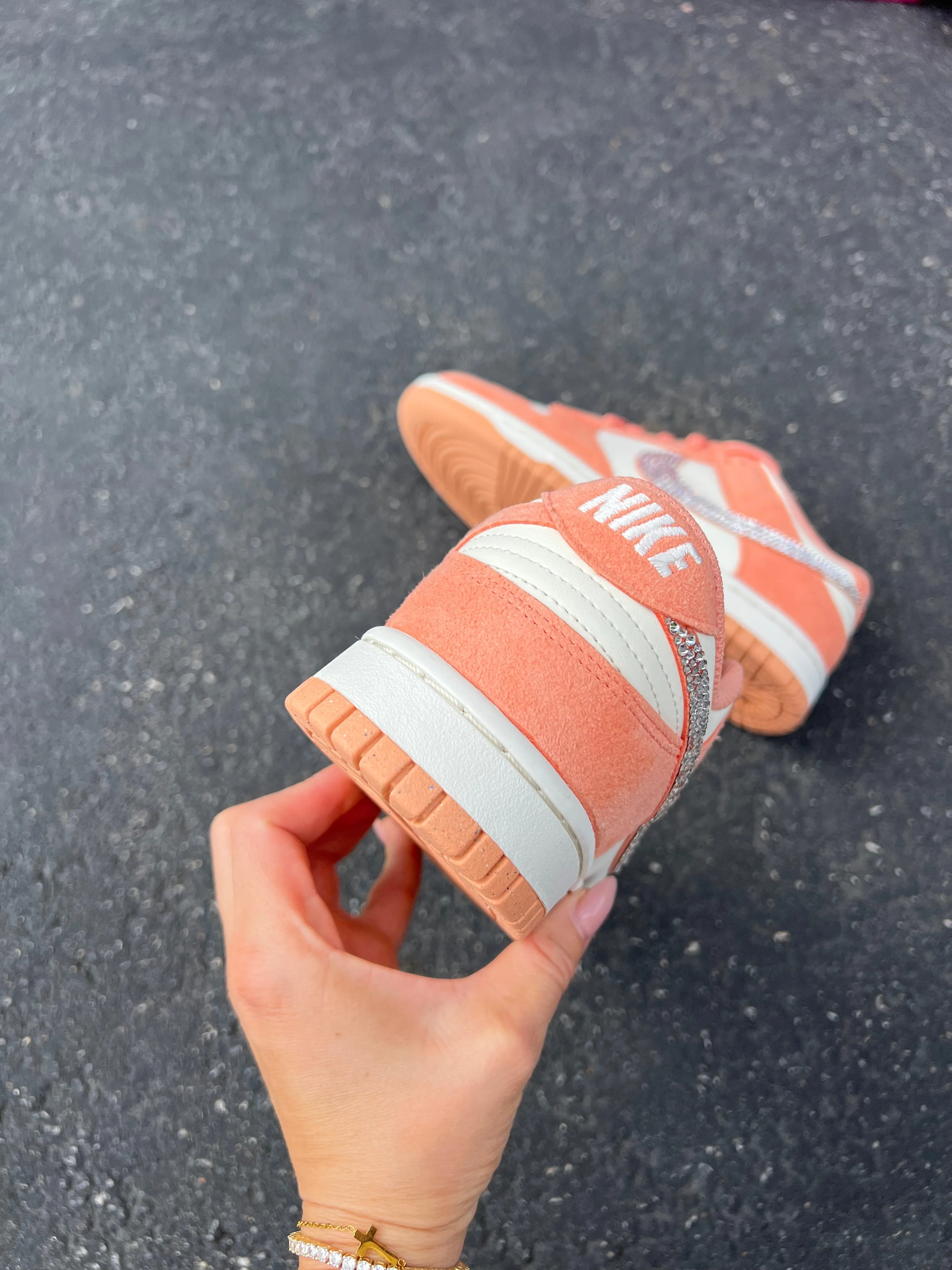 Peach Suede Swarovski Womens Nike Dunk Shoes breathable socks Slim Build