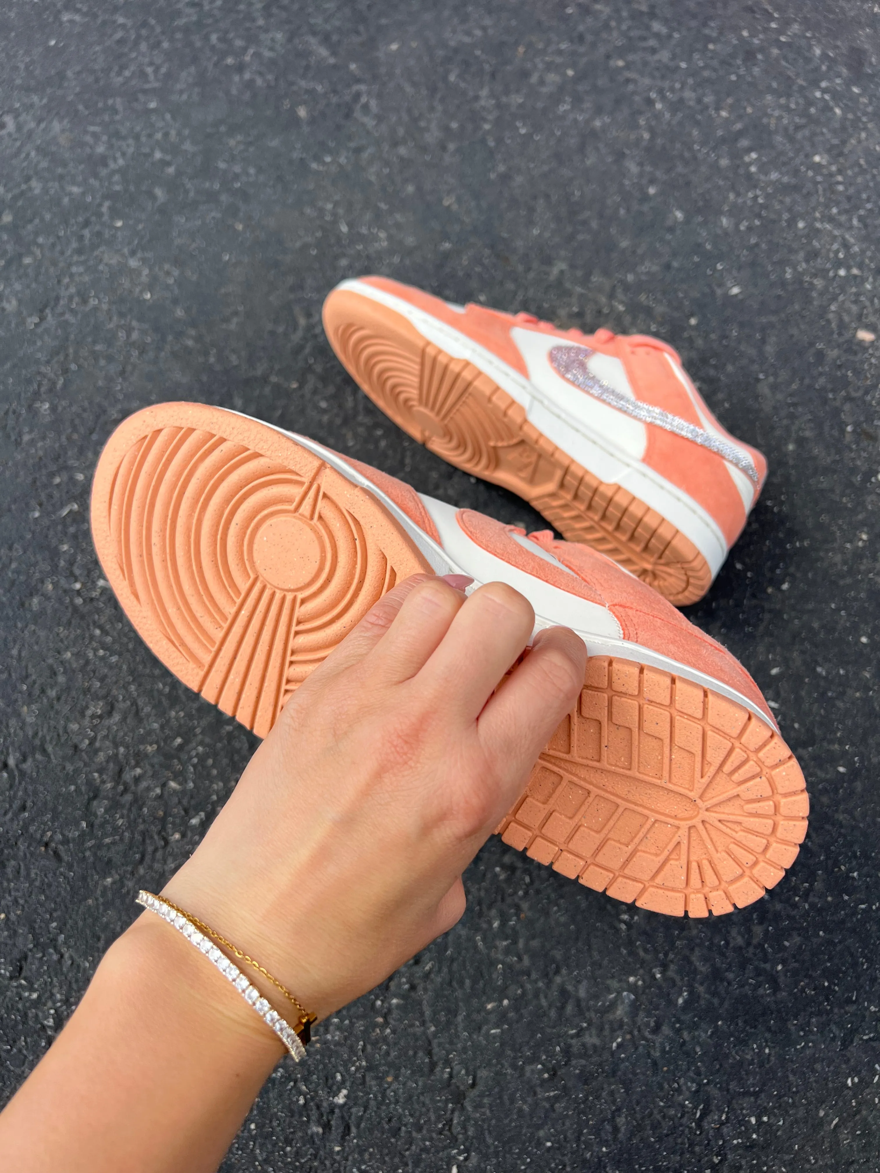 Fast Entry Peach Suede Swarovski Womens Nike Dunk Shoes