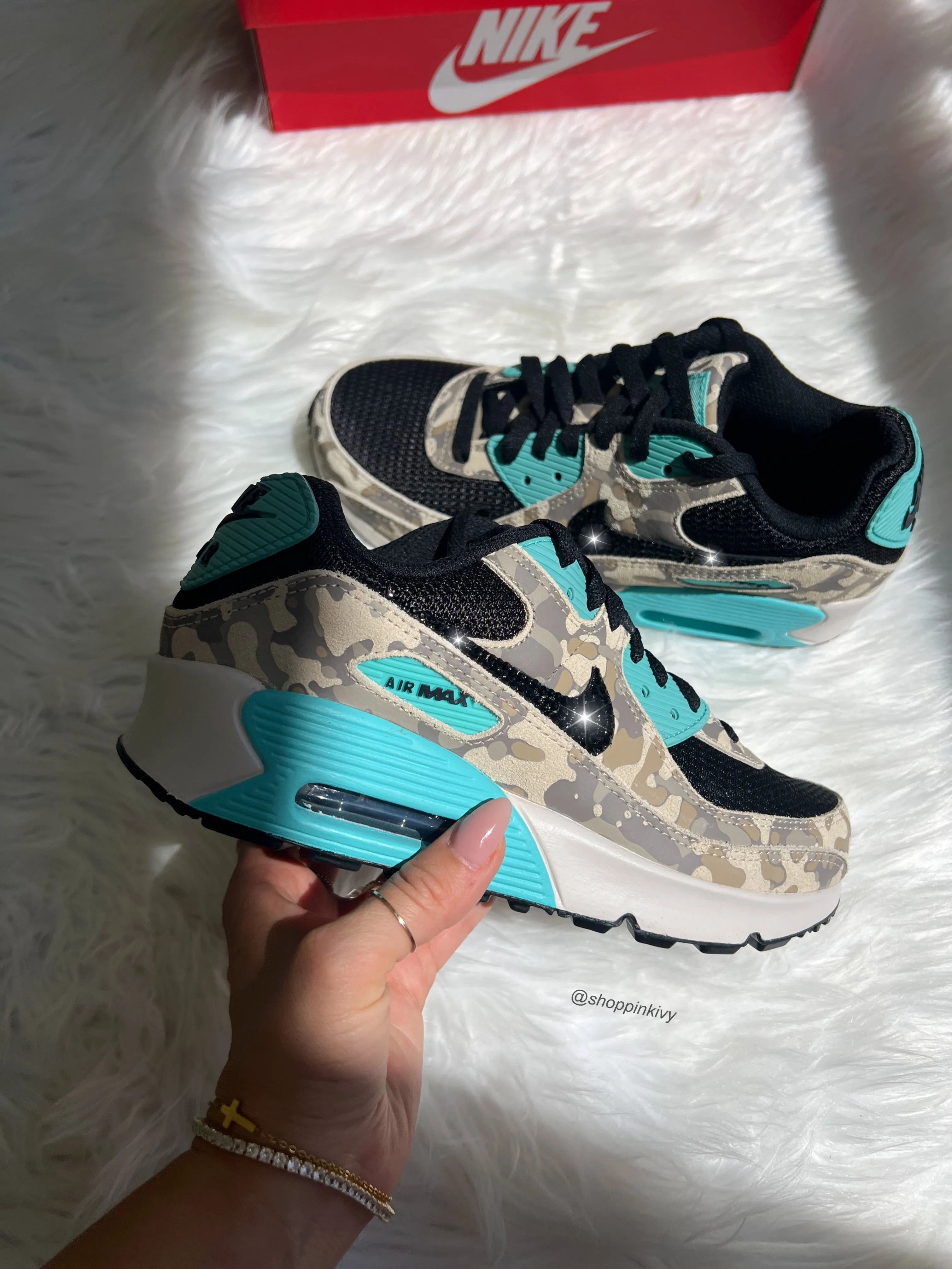 Camo and Turquoise Animal Print Swarovski Womens Nike Air Max 90 forest hike
