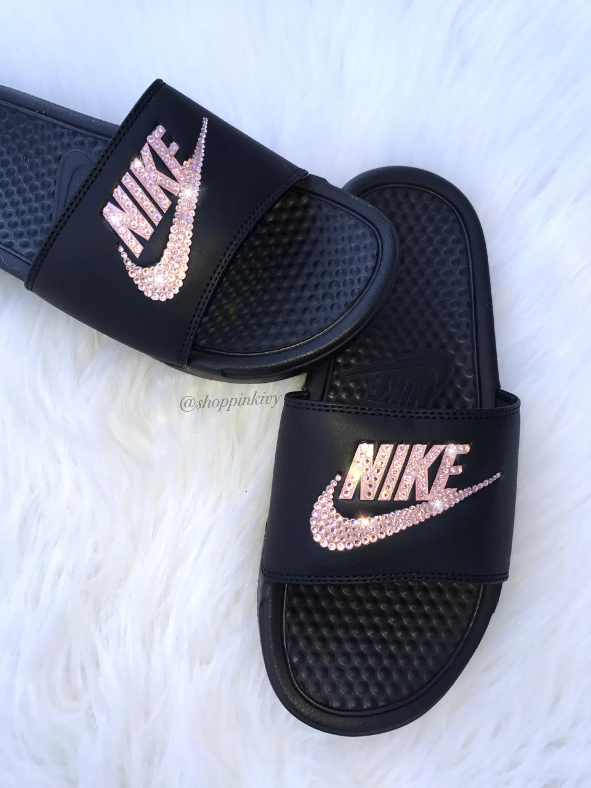 Rose Gold Swarovski Nike Benassi Slide Sandals Comfortable Heel Simple Walk