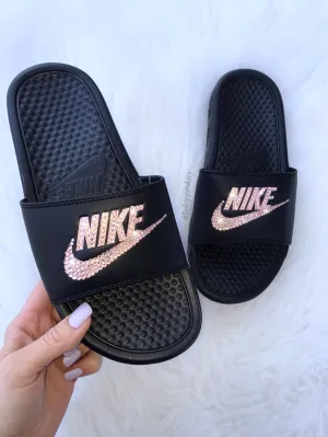 Low Maintenance comfort features Rose Gold Swarovski Nike Benassi Slide Sandals