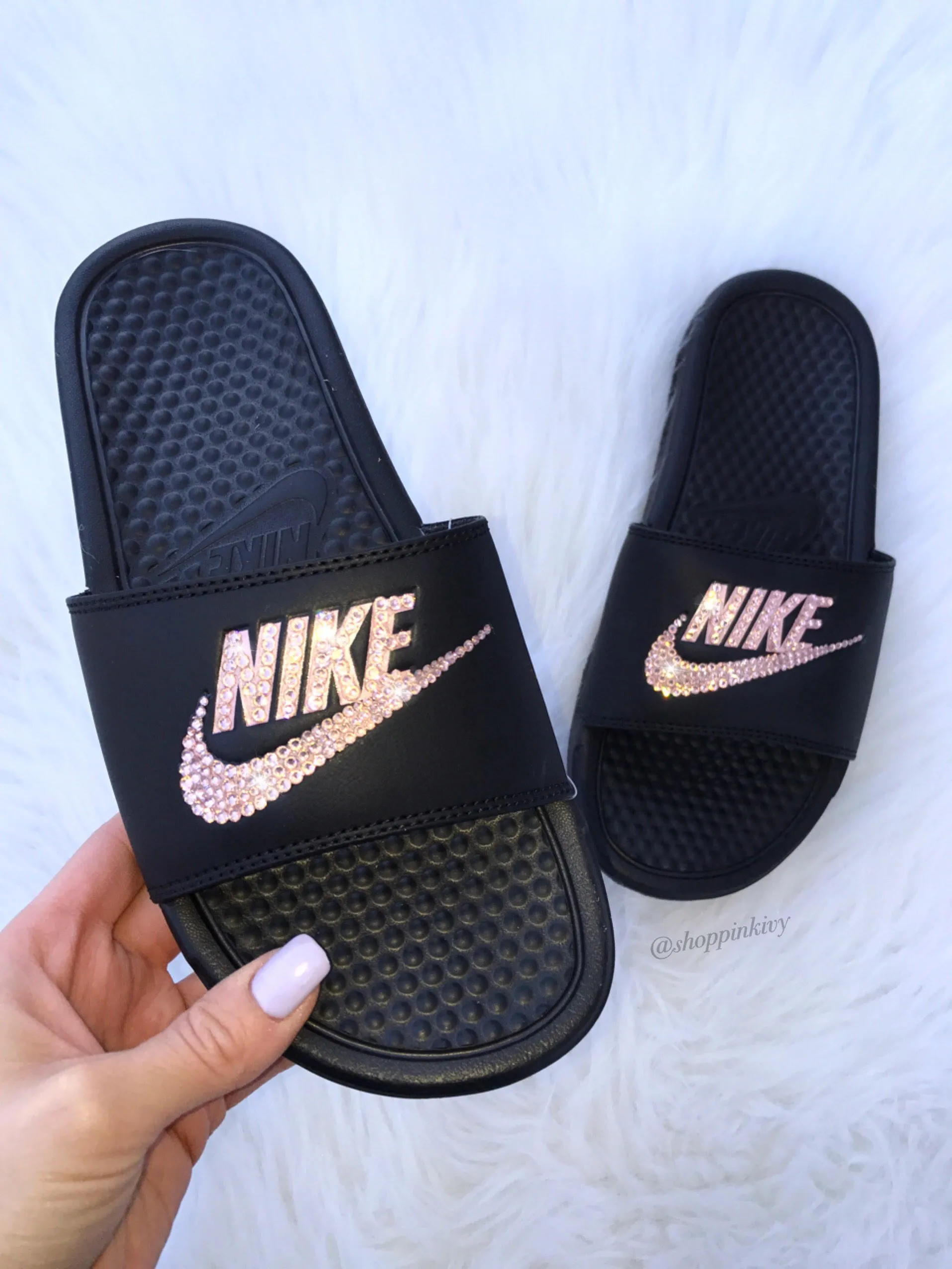 Rose Gold Swarovski Nike Benassi Slide Sandals Leather Cool