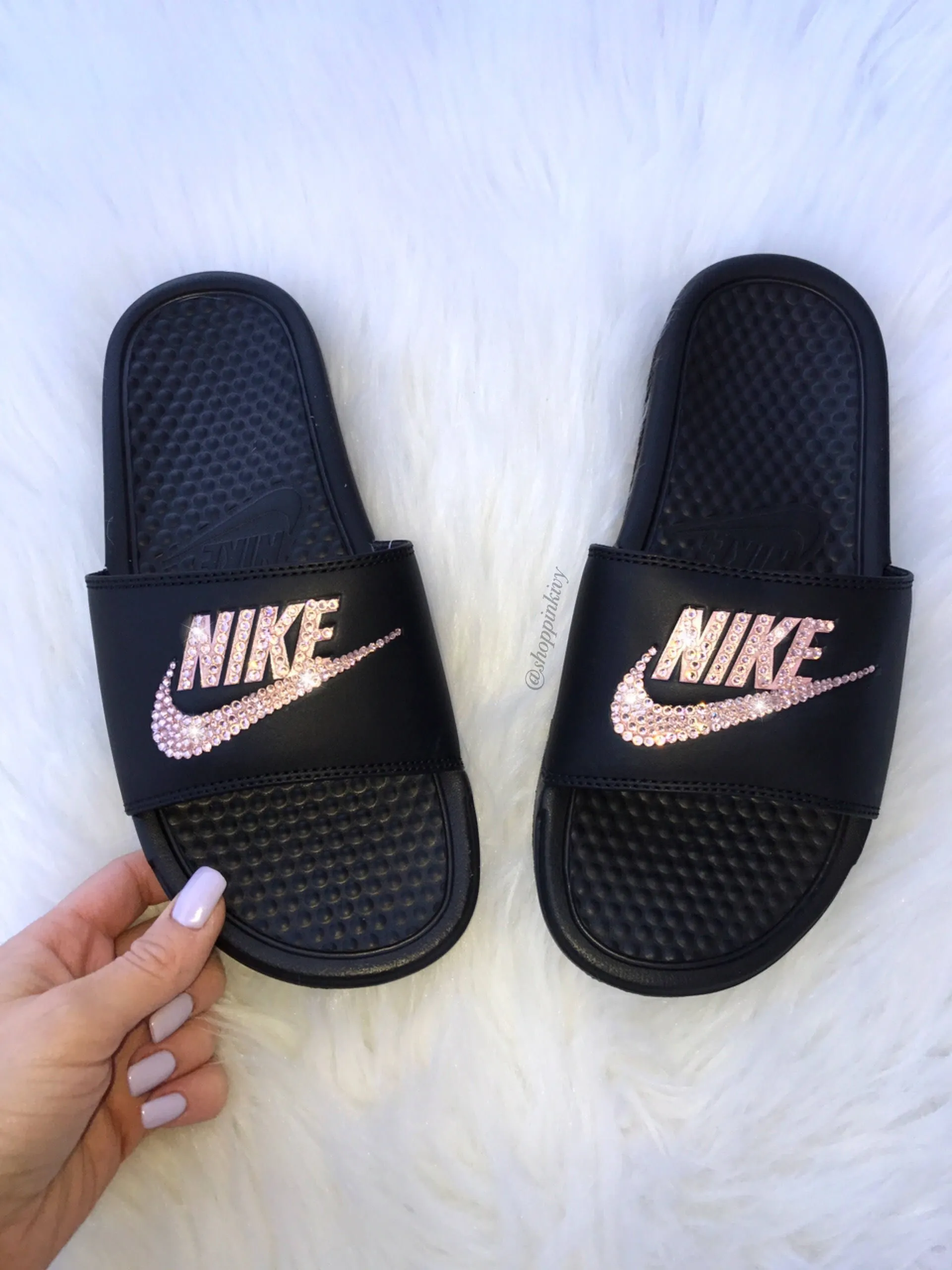 Rose Gold Swarovski Nike Benassi Slide Sandals Comfortable to wear Everyday Ease