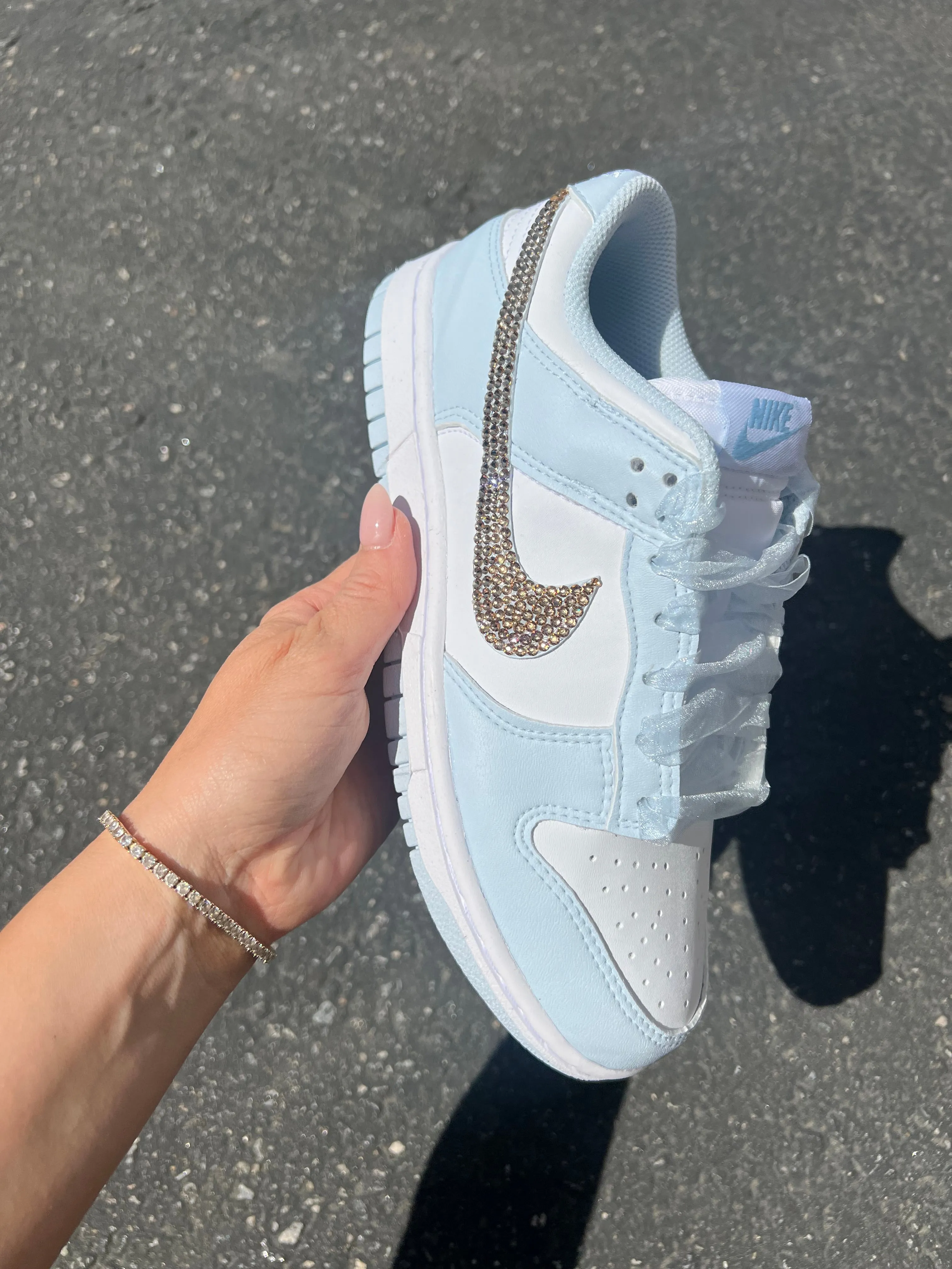 Blue Organza Ribbon Lace Swarovski Womens Nike Dunk Shoes Easy Packing City Casual