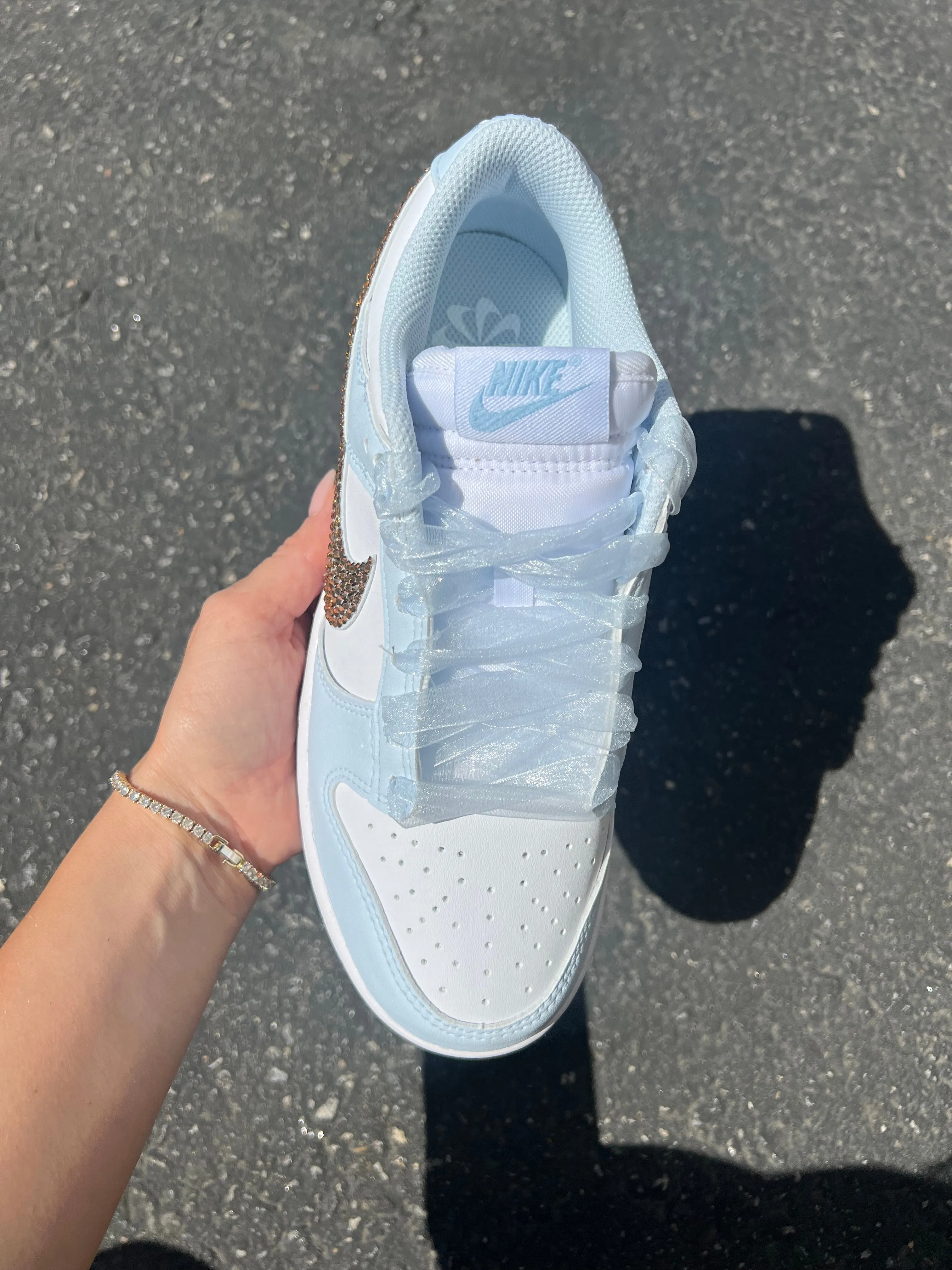 Blue Organza Ribbon Lace Swarovski Womens Nike Dunk Shoes Style