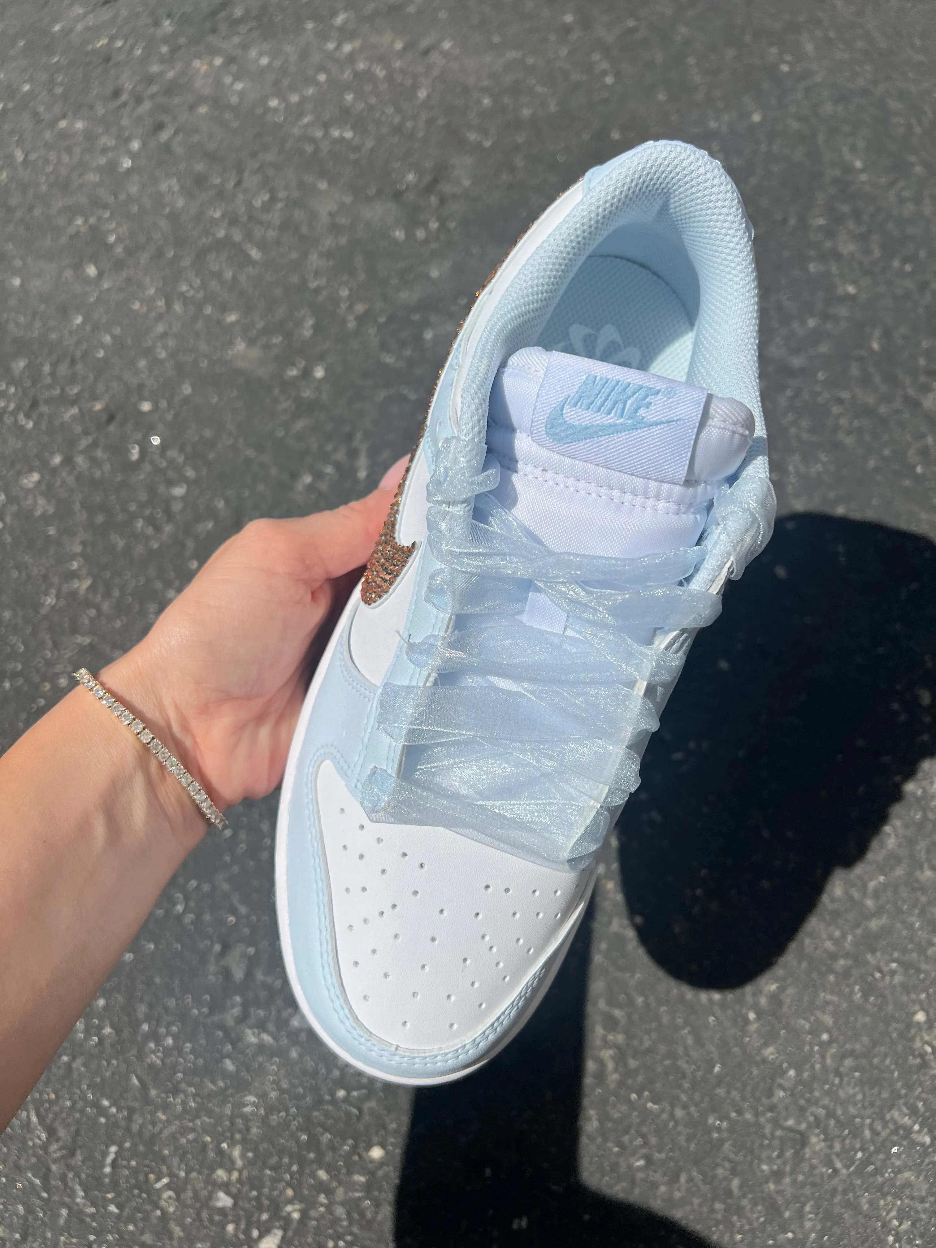 College Trend Tunnel Walk Blue Organza Ribbon Lace Swarovski Womens Nike Dunk Shoes