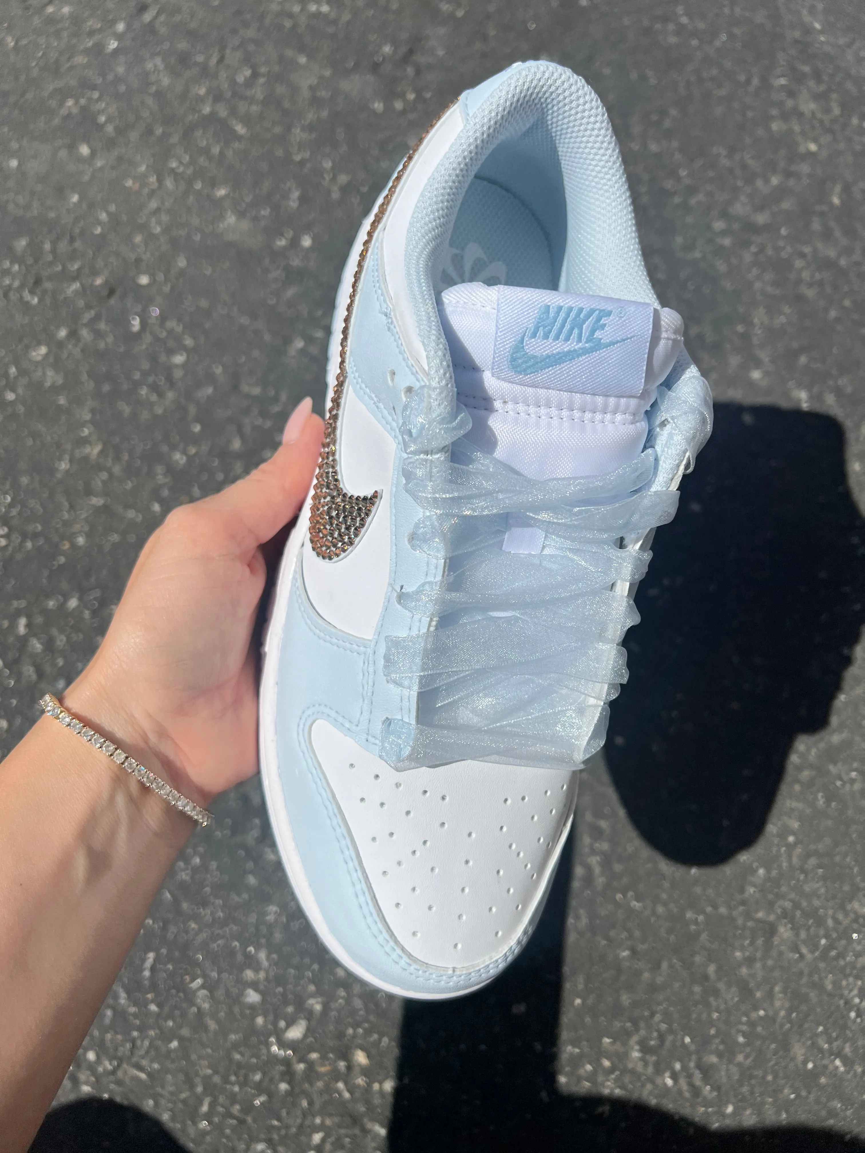 Blue Organza Ribbon Lace Swarovski Womens Nike Dunk Shoes Wear Light Star Hike