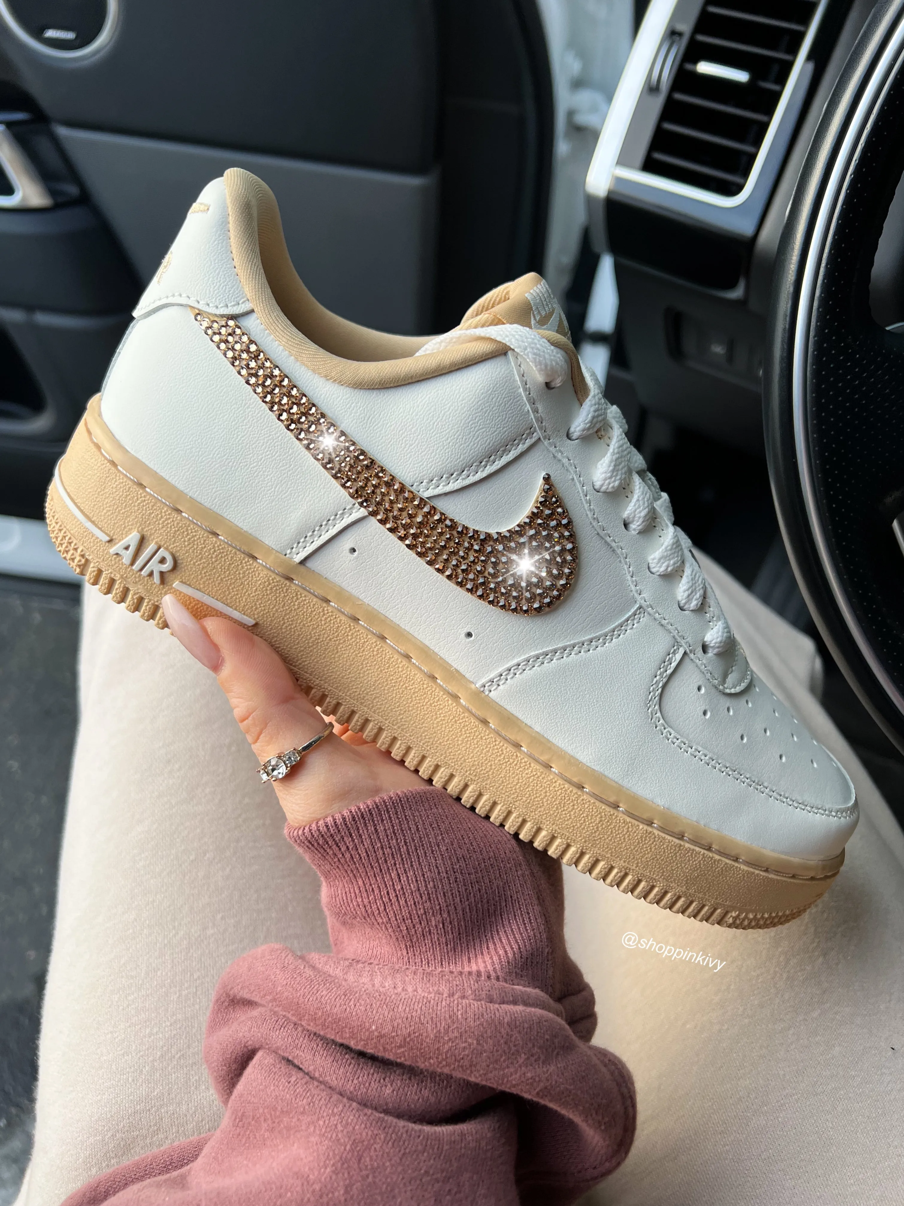 Cream Gold Shimmer Swarovski Nike Air Force 1 simple design Flat Walk