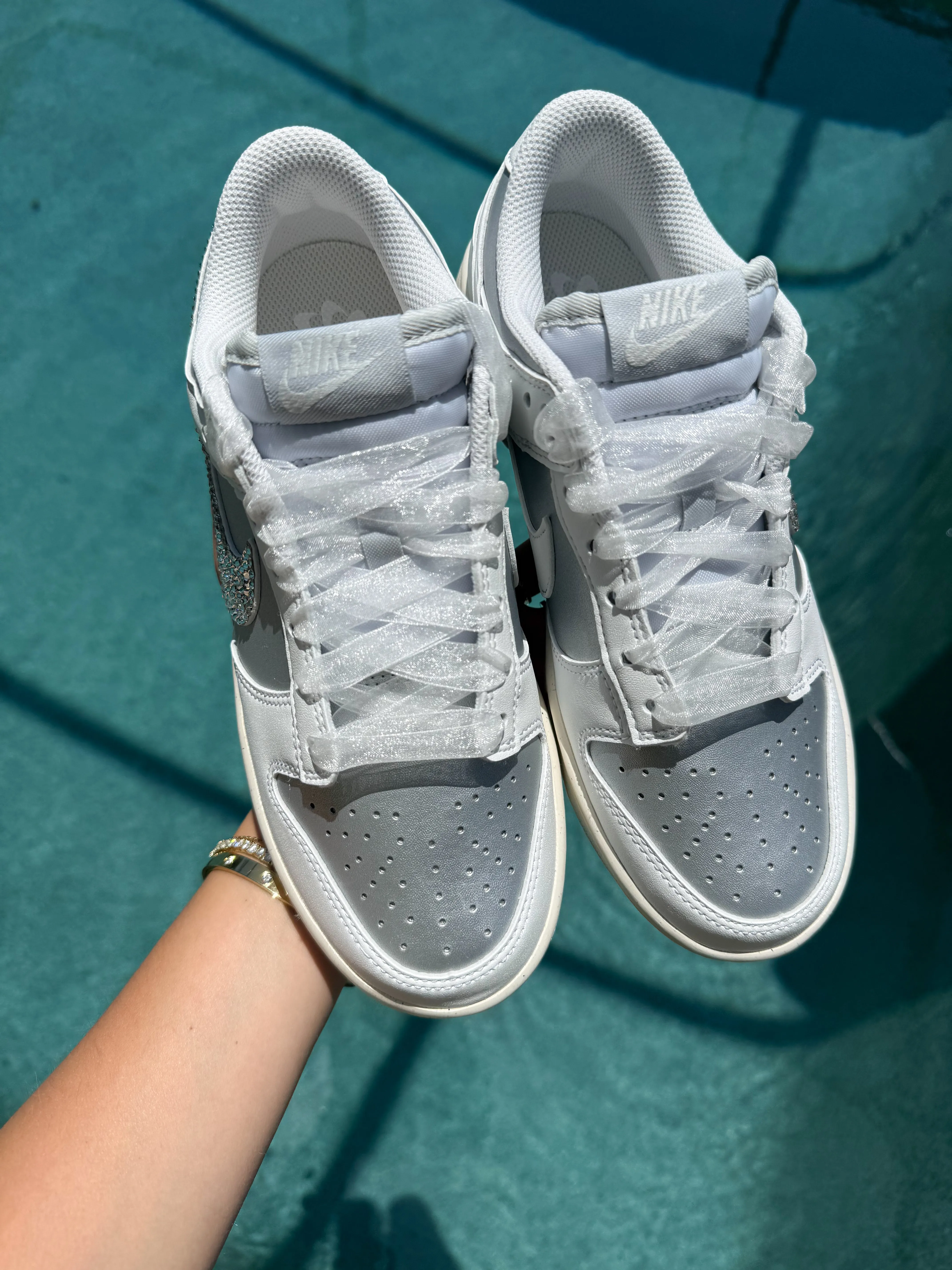 Metallic Silver and Shimmer Organza Ribbon Lace Swarovski Womens Nike Dunk Shoes Modern Twist