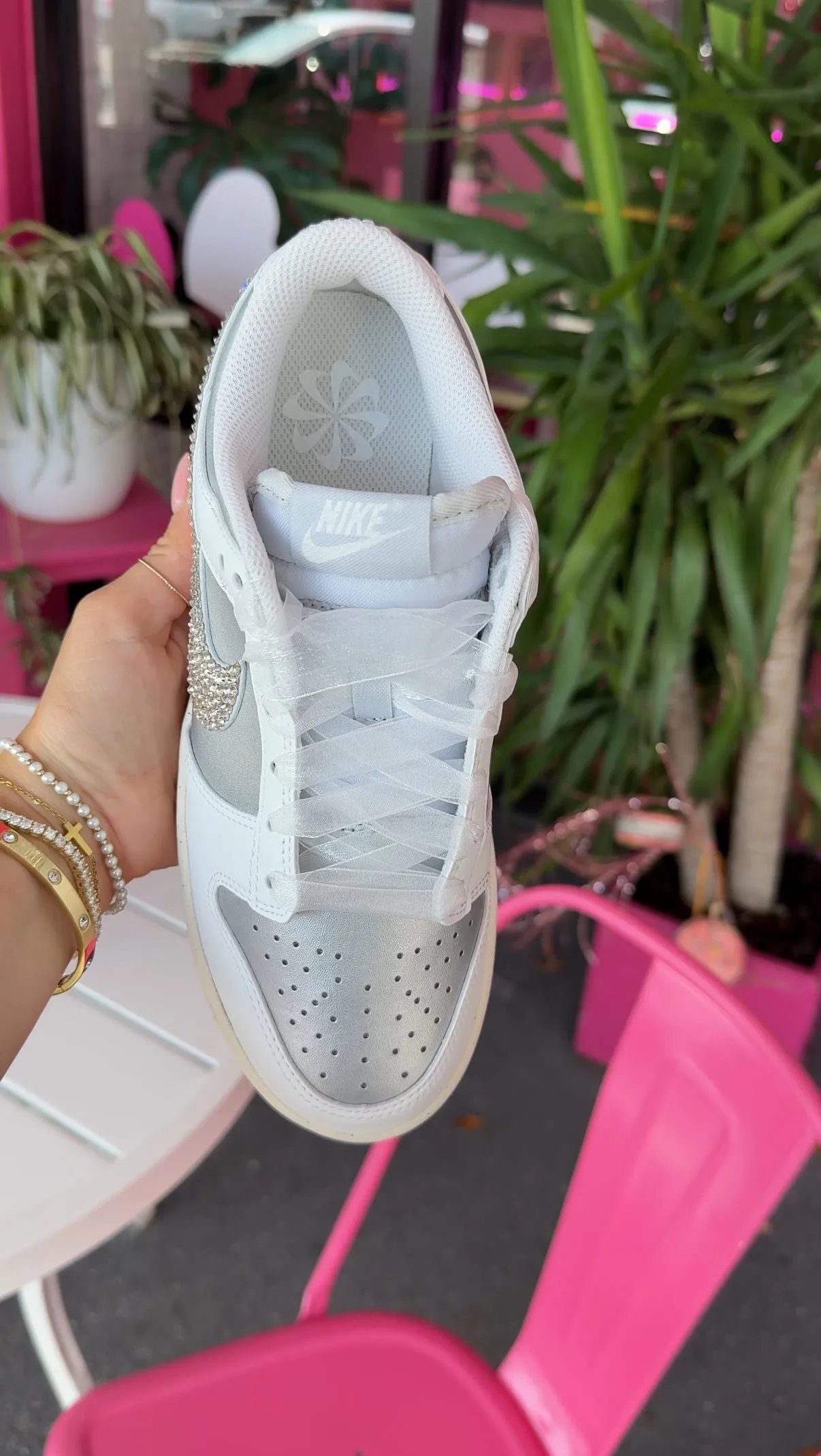 Metallic Silver and Shimmer Organza Ribbon Lace Swarovski Womens Nike Dunk Shoes mules Relax Day