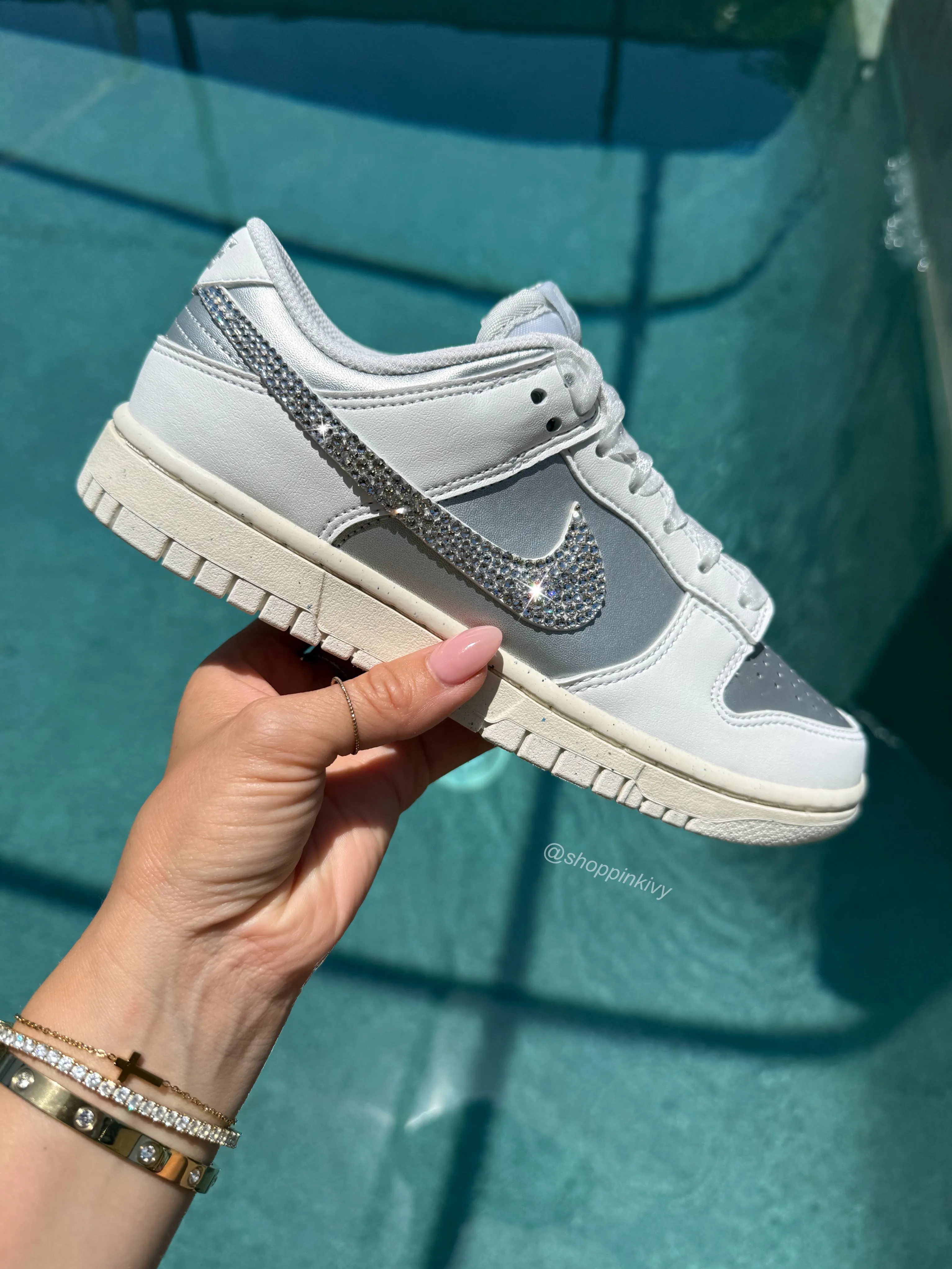 Metallic Silver and Shimmer Organza Ribbon Lace Swarovski Womens Nike Dunk Shoes Slow Step Club Jog