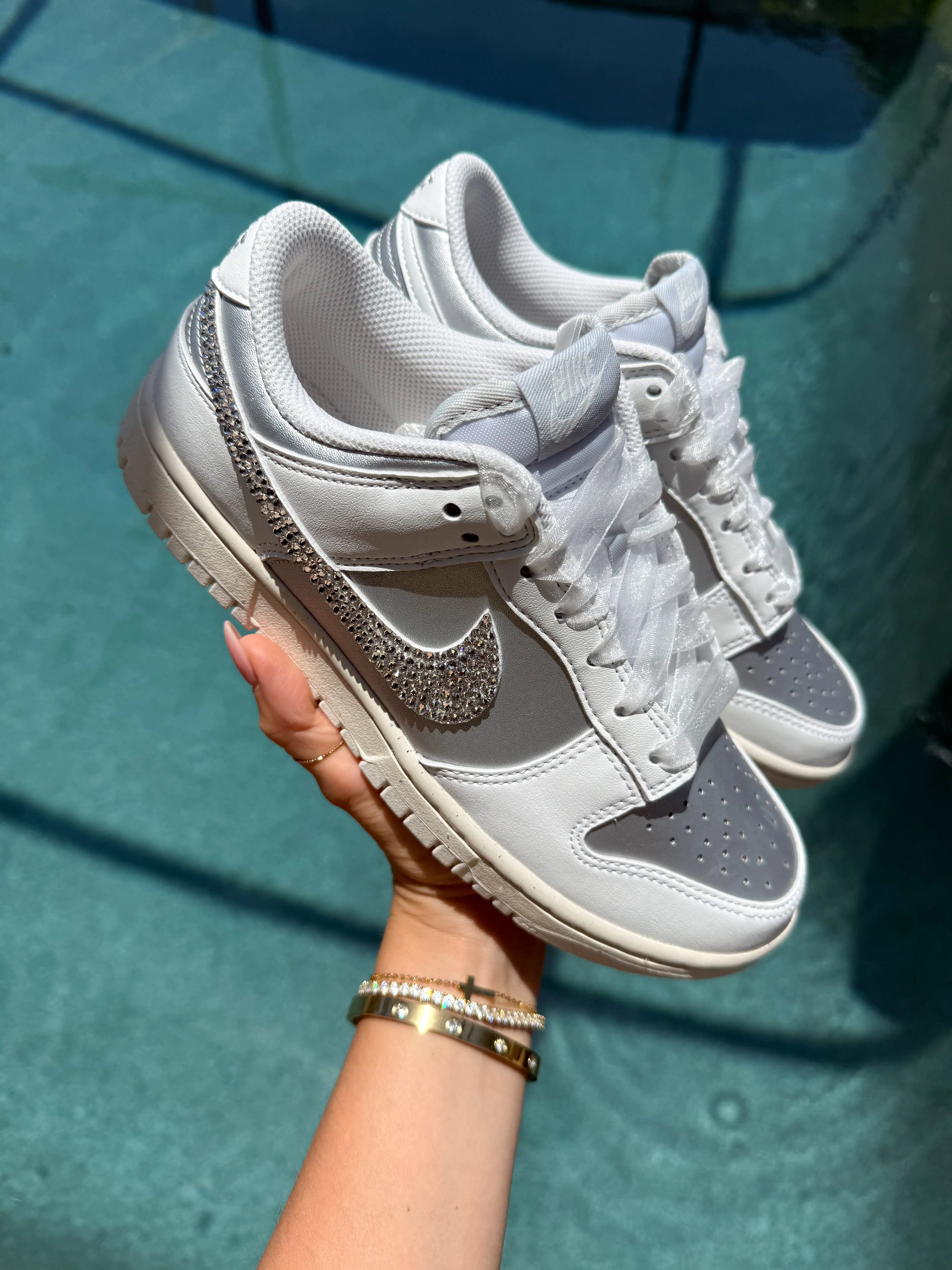 College Trend Style Basic Metallic Silver and Shimmer Organza Ribbon Lace Swarovski Womens Nike Dunk Shoes