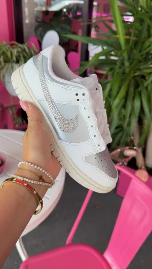 Metallic Silver and Shimmer Organza Ribbon Lace Swarovski Womens Nike Dunk Shoes Oasis Run