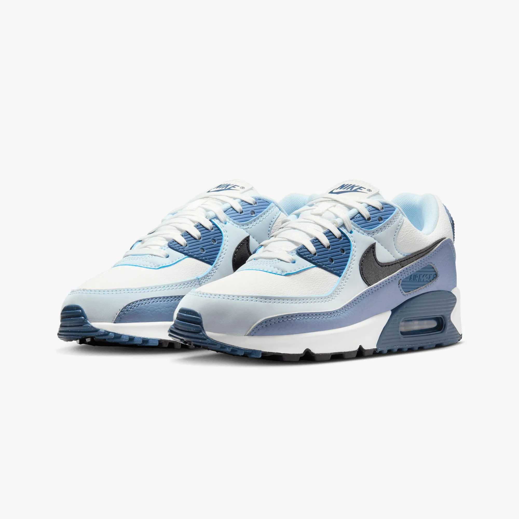 Nike | AIR MAX 90 { SUMMIT WHITE/BLACK-ASHEN SLATE-BLUE TINT Traction Enhanced Pattern Comfort Style