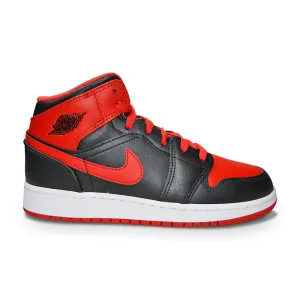 Juniors Nike Air Jordan 1 Mid 'Alternate Bred' (GS) DQ8423 060 Black Fire Red All Fit Option Lockdown Heel Counter