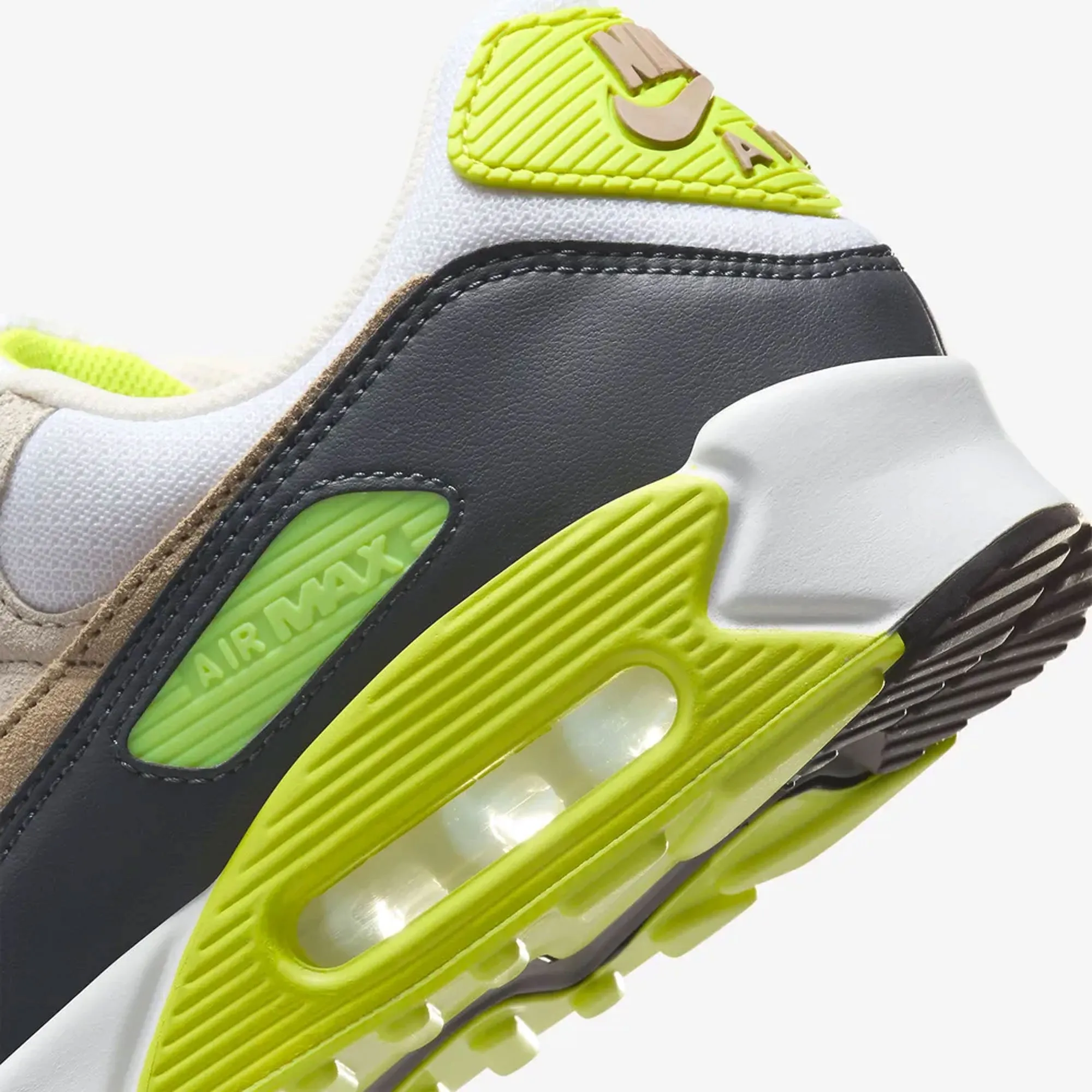 NIKE | AIR MAX 90 { WHITE/KHAKI-CYBER-DK SMOKE GREY Sleek Profile