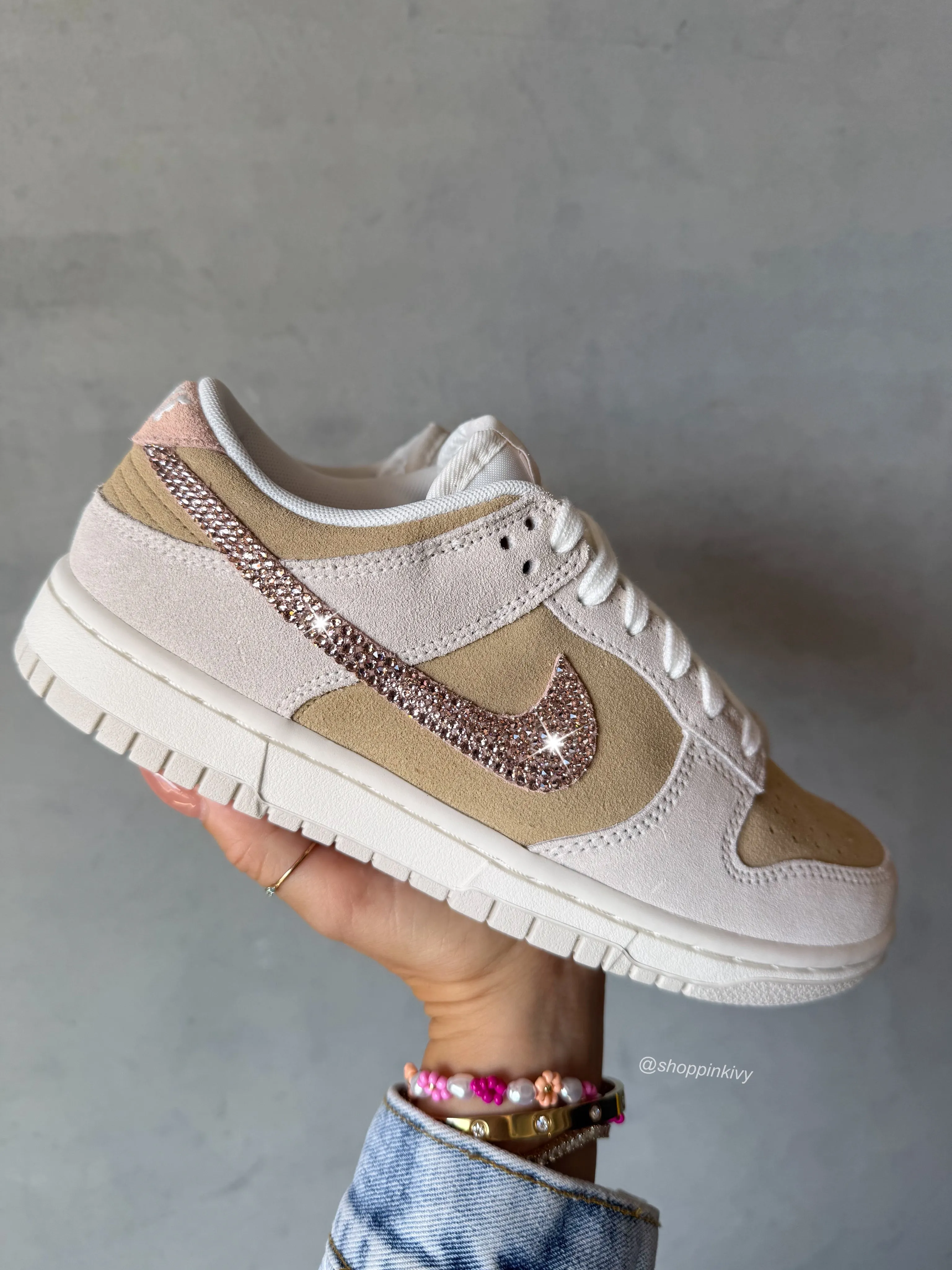Timeless Fit ?NEW? Neutral Sand Pink Swarovski Womens Nike Dunk Shoes