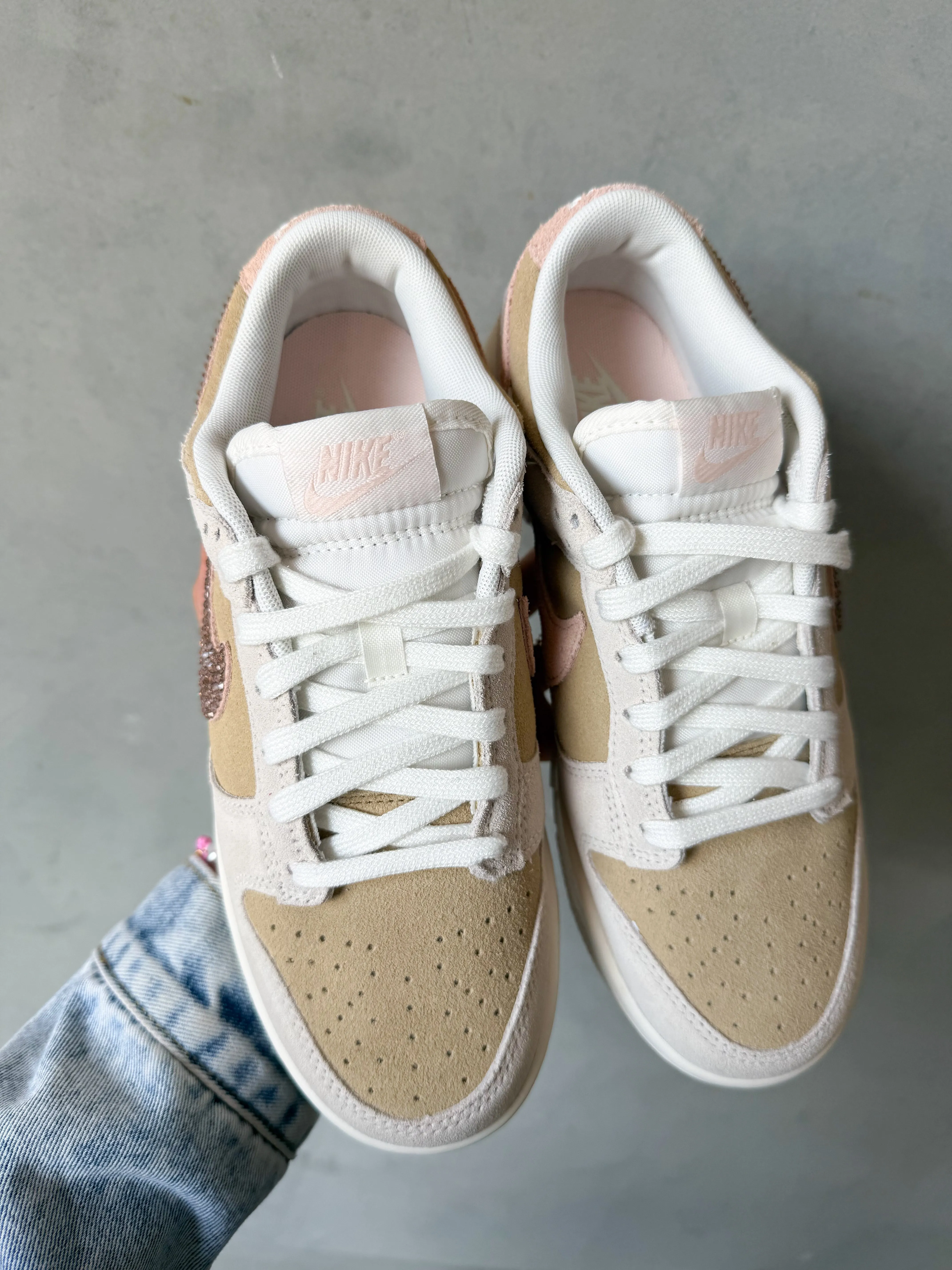 Gold Shine ?NEW? Neutral Sand Pink Swarovski Womens Nike Dunk Shoes