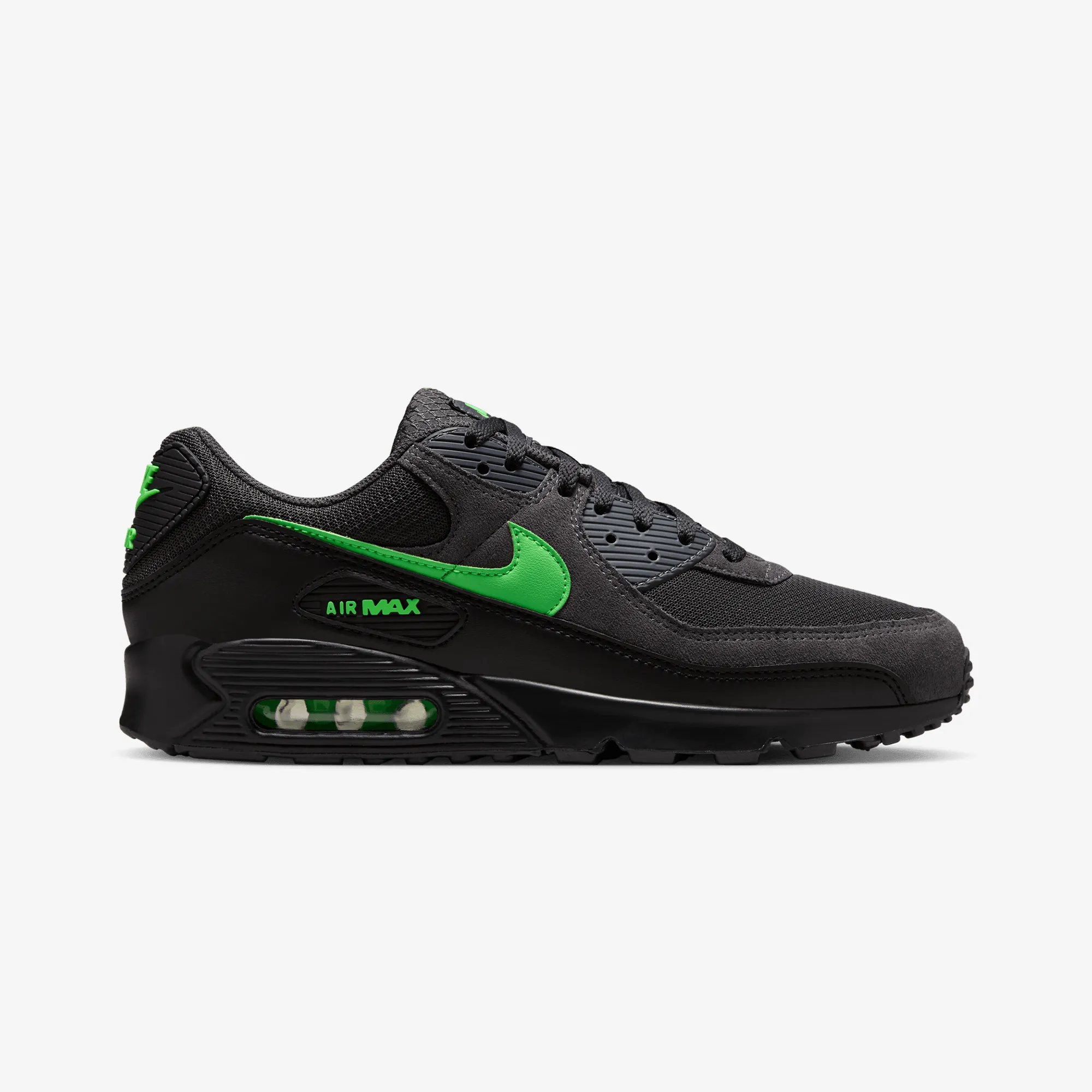 Nike | AIR MAX 90 { ANTHRACITE/GREEN STRIKE-BLACK Athletic Fit Reinforced Seams