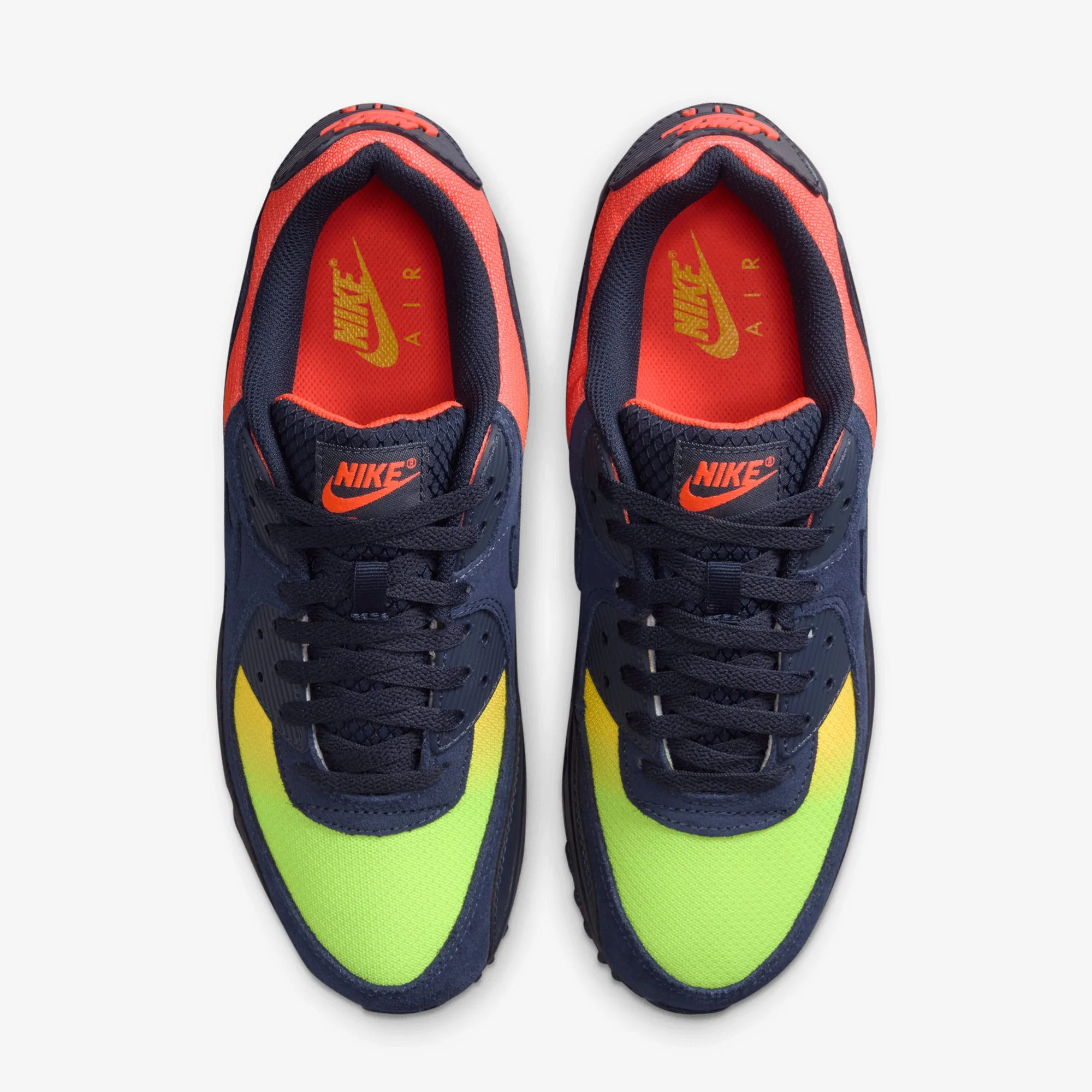Low Profile Cushioning Soft Leather Finish Nike | AIR MAX 90 { LEMON VENOM/BLACKENED BLUE-HYPER CRIMSON