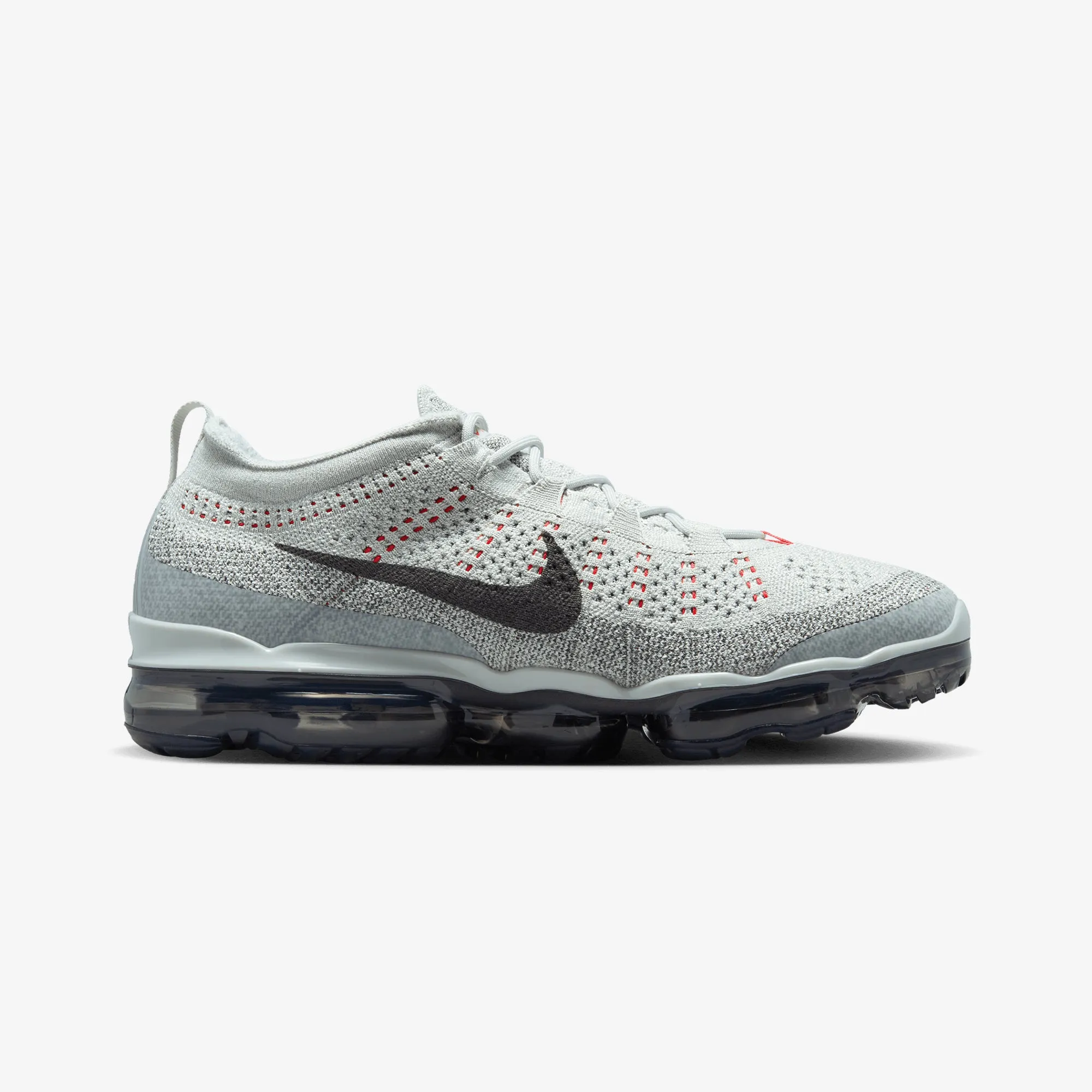 Lightweight Design Ventilated Footbed System NIKE | AIR VAPORMAX 2023 FLYKNIT { LIGHT SILVER/SMOKE GREY-PICANTE RED