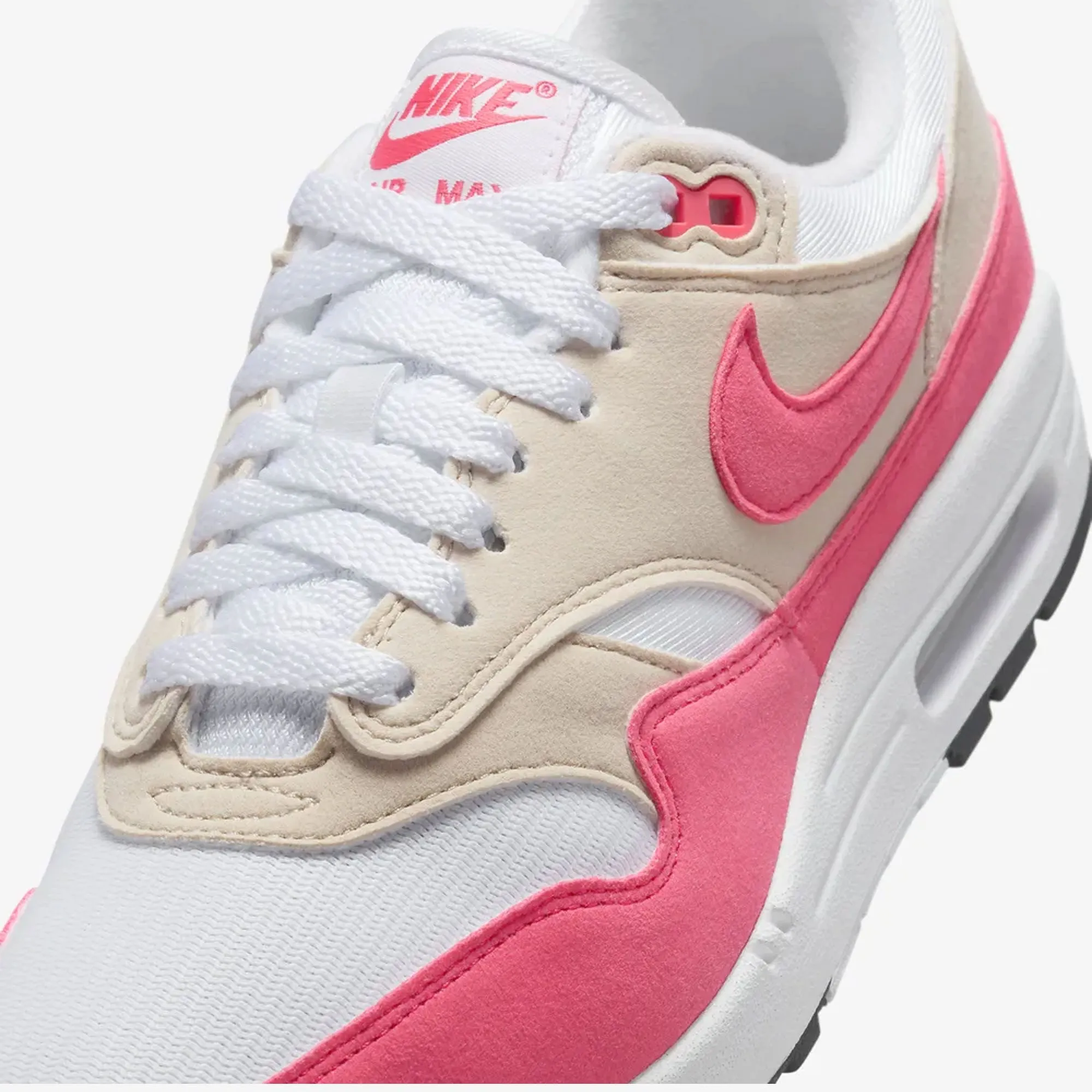 NIKE | AIR MAX 1 { WHITE/ASTER PINK-LT OREWOOD BRN-BLACK Dynamic Fit Lacing Non Slip Outsole