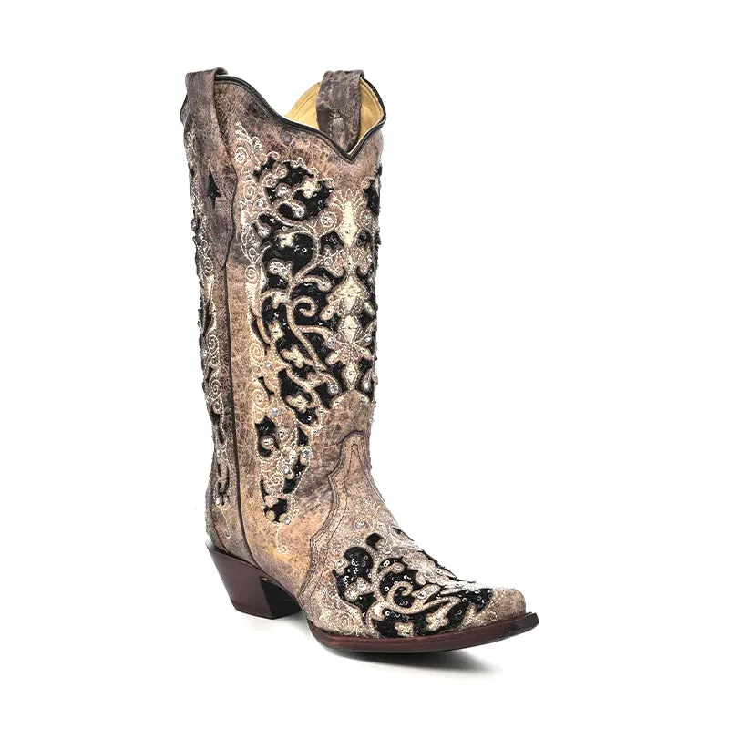 Mud Resistant Urban Commute Stylish Look Women's A3569 Black Glitter Inlay with Crystals and Studs Snip Toe Cowboy Boots Brown