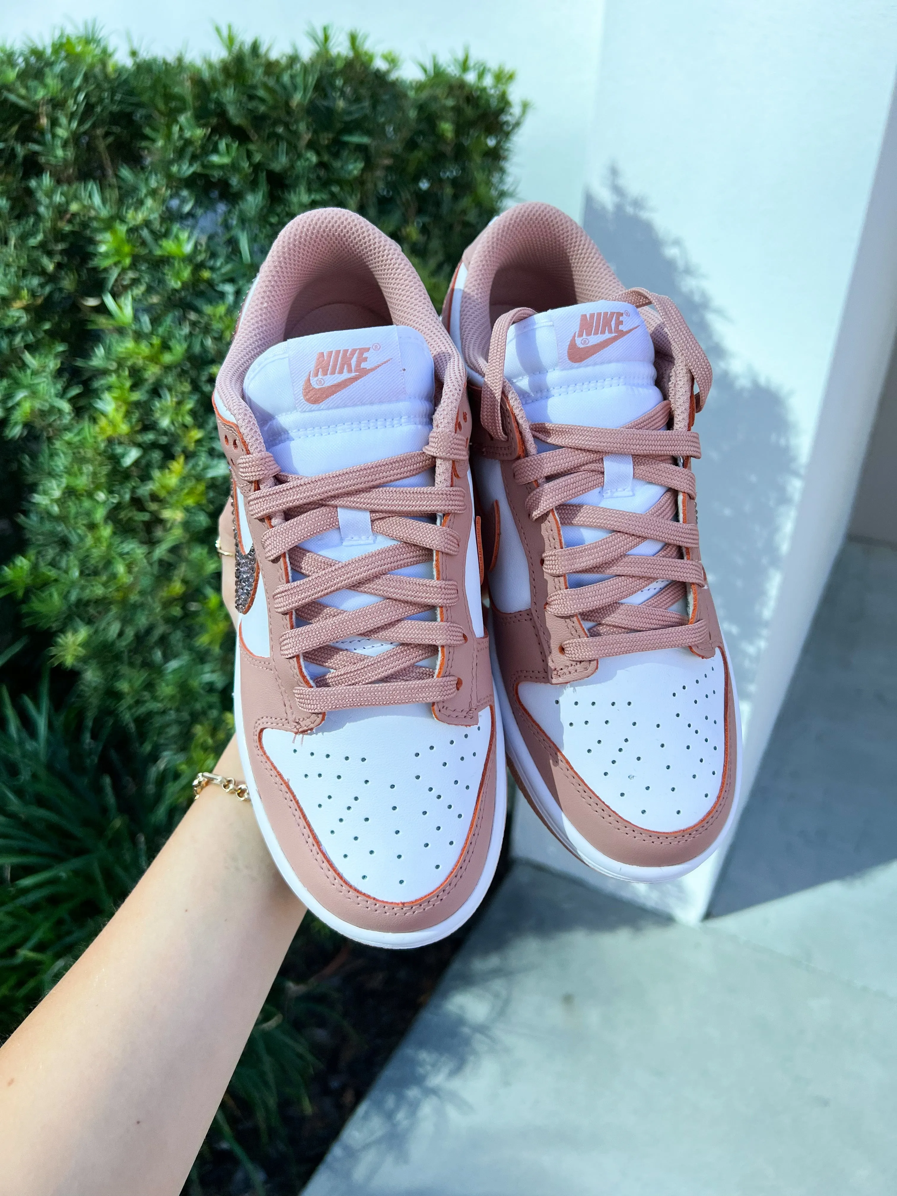 Rose Gold Swarovski Womens Nike Dunk Shoes Mid Top Lunch Walk