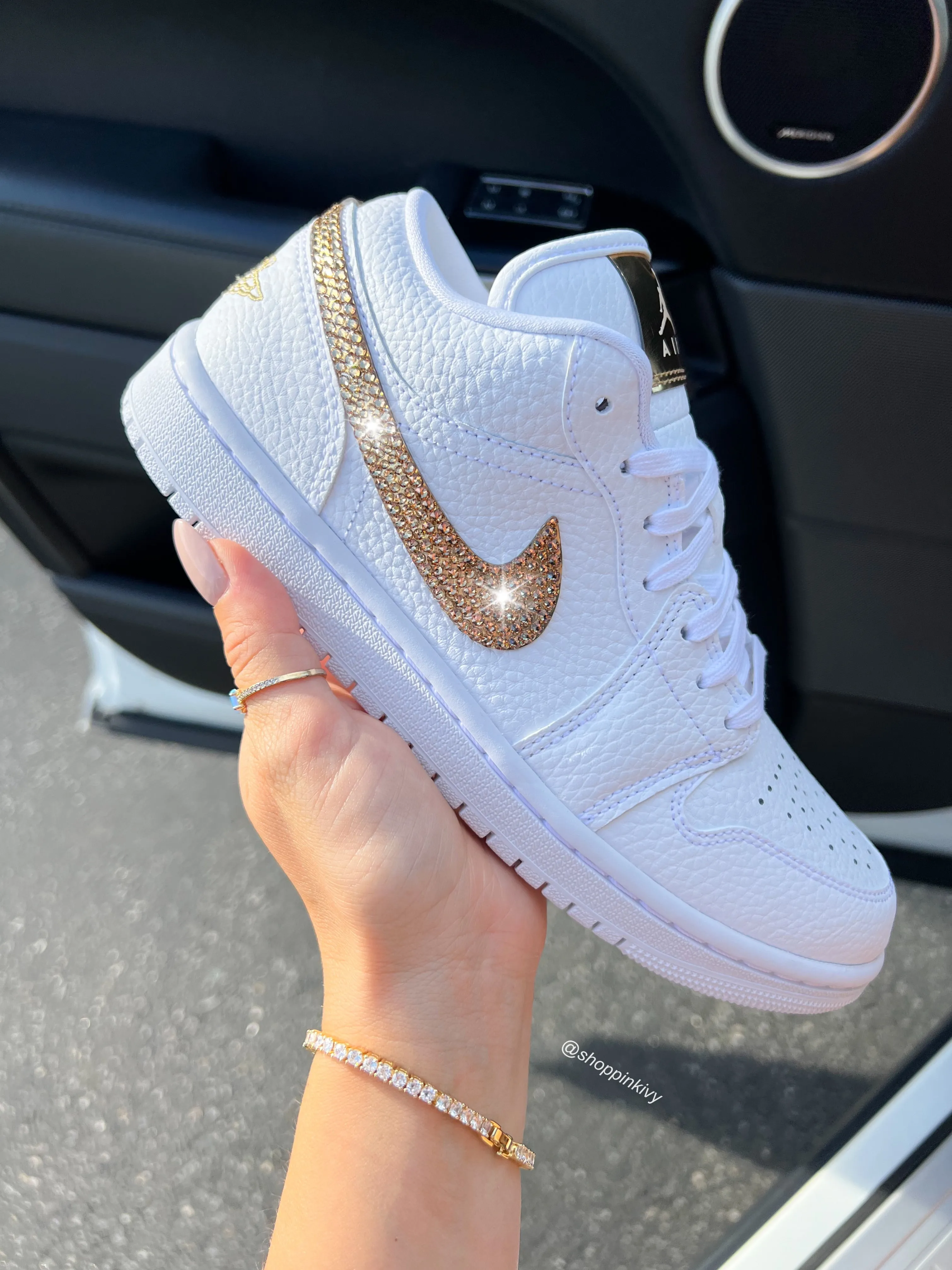 White Gold Swarovski Women??s Air Jordan Retro 1 Low Shoes Step Easy