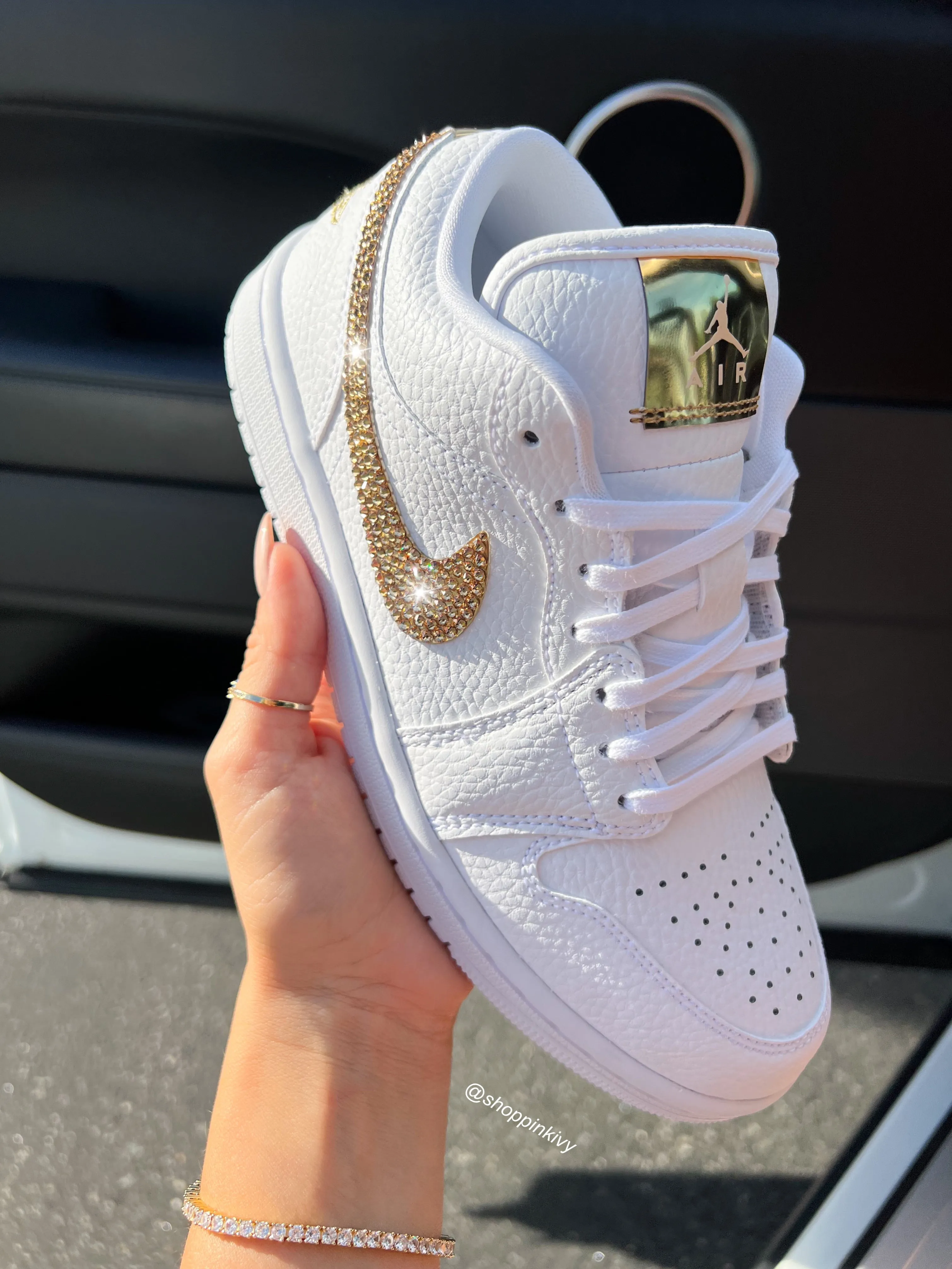 White Gold Swarovski Women??s Air Jordan Retro 1 Low Shoes Stacked Heel