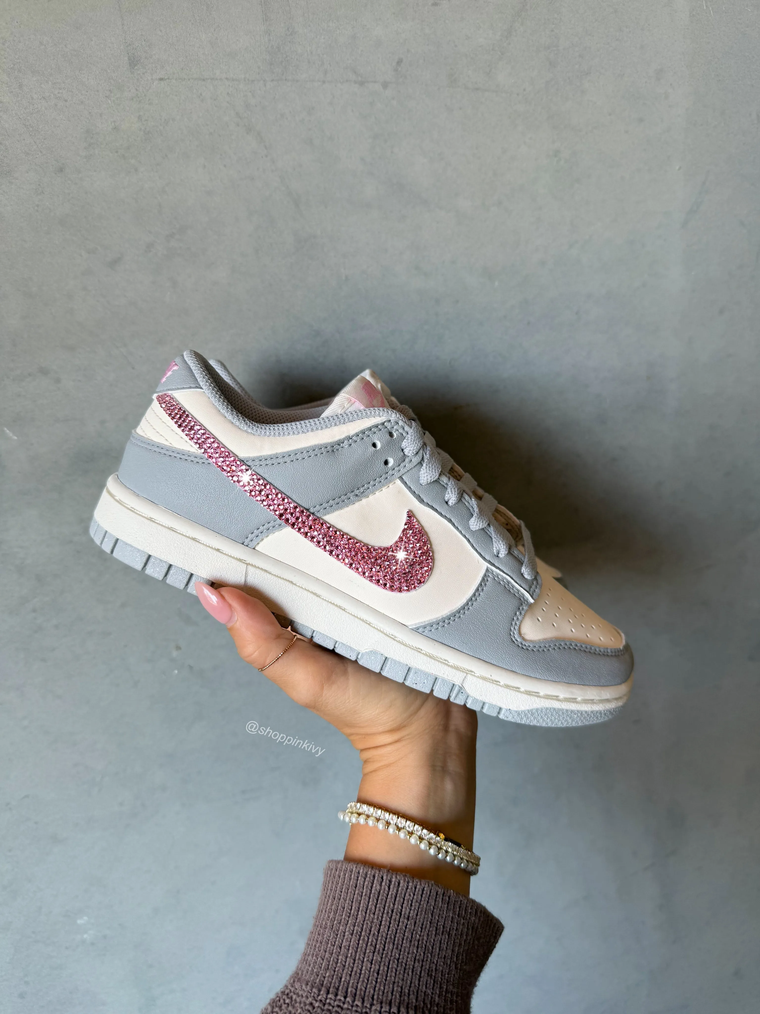Gray Pink Swarovski Womens Nike Dunk Shoes Stroll Shoes