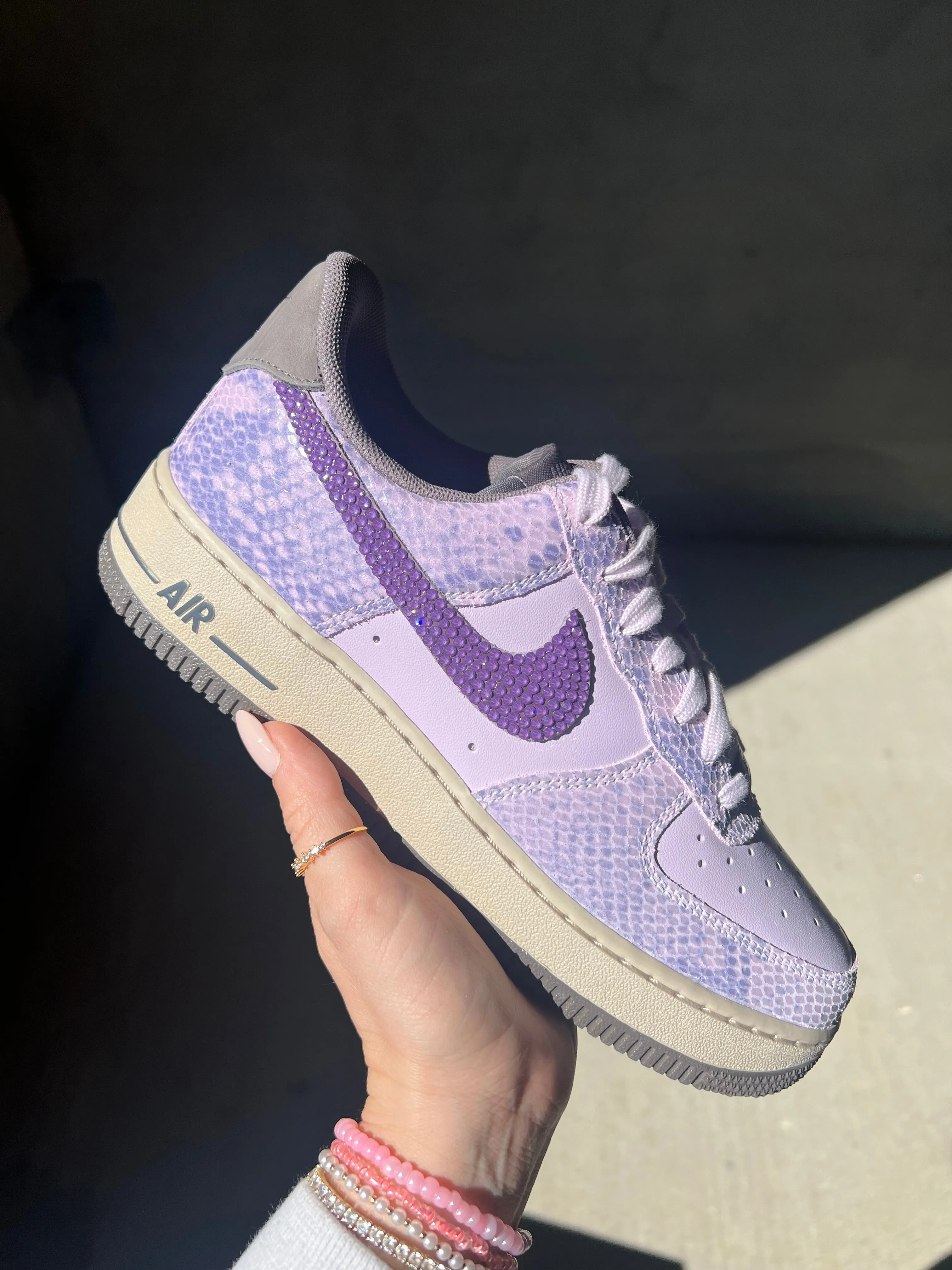 Office Fit Slip Friendly Special Edition Purple Snake Print Swarovski Womens Nike Air Force 1