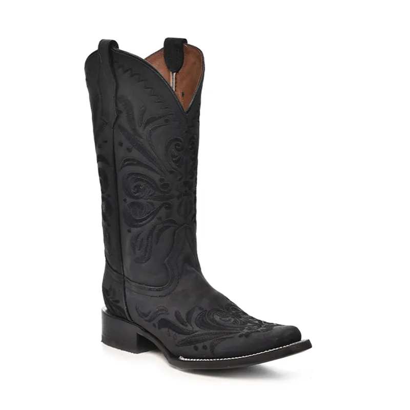 Stylish Footwear Women's L5464 Filigree Embroidery Square Toe Cowboy Boots Black