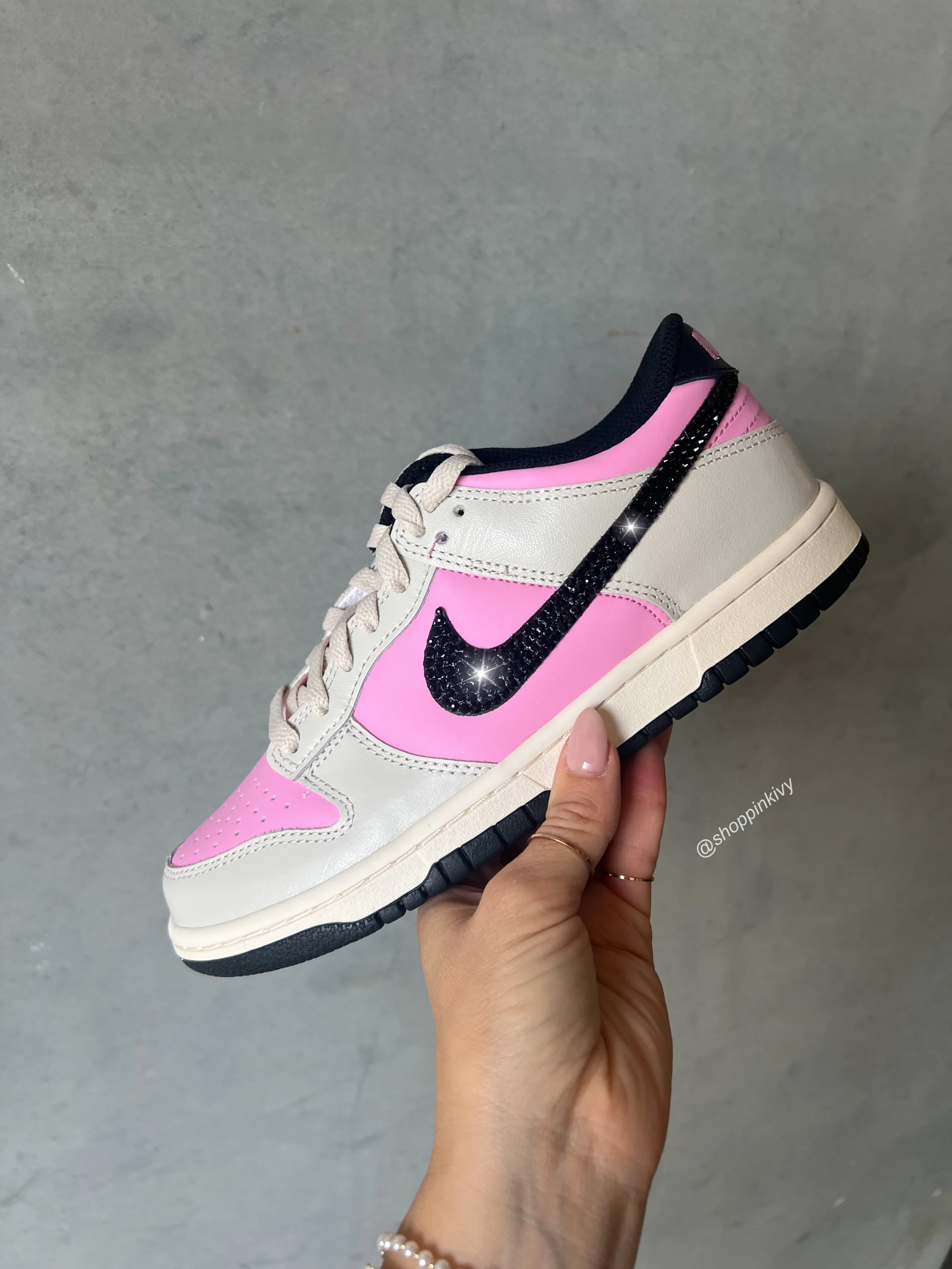 Pink and Black Swarovski Womens Nike Dunk Shoes Midday Style Stylish Comfort