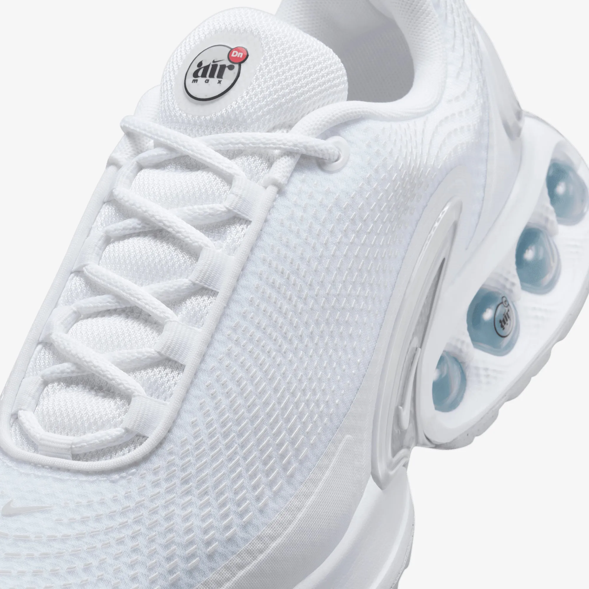 Nike | AIR MAX DN { WHITE/WHITE-WHITE-METALLIC SILVER Hyperlock Heel