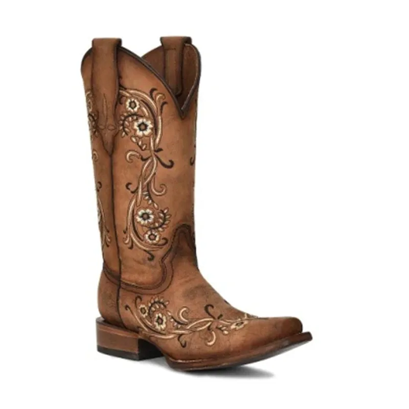 Women's L2063 Floral Embroidery Square Toe Cowboy Boots Sandalwood Rugged Built Snowy Path